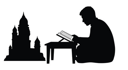 A man reads a book before a castle in dark silhouette © MALA