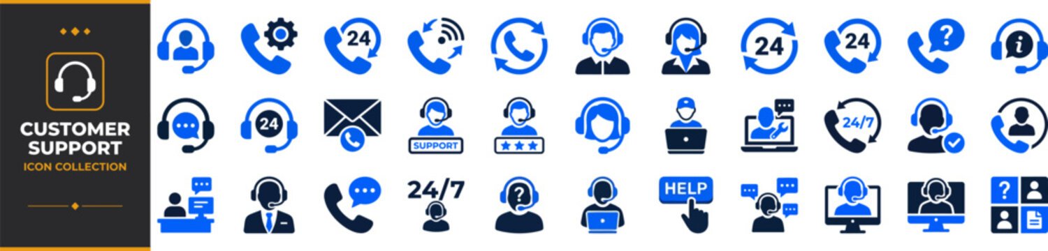 Customer Support and Call Center Duotone Glyph Vector Icons Set &mdash; Help Desk, Live Chat, 24/7 Service, CRM and Technical Support Icons for Web and App UI