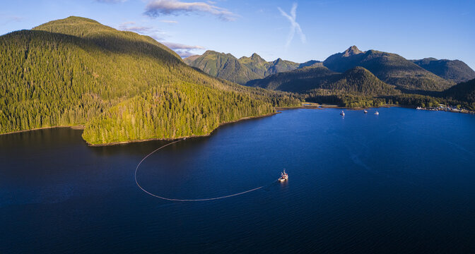Aerial view of a commercial purse seine salmon fishing boat, with its net deployed, off the mountainous coast of Sitka, Alaska