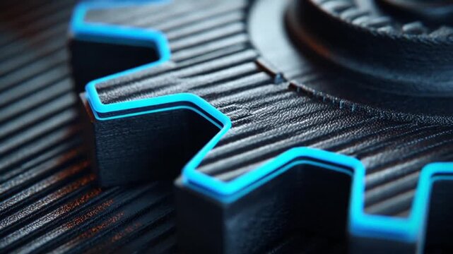 Macro shot of a gear with a bright blue trim set against a textured, dark background
