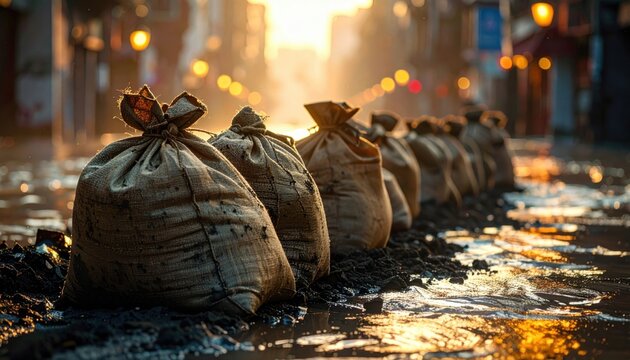 A set of heavy-duty sandbags, from the FlyPro_Firefly series, arranged in a protective berm along wet ground, showcasing textured burlap and golden reflections in this high-resolution photograph.