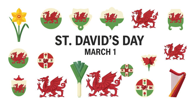 St. David's Day symbols and icons for March 1 celebration