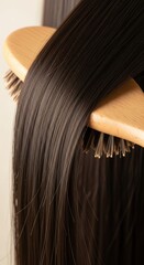 Professional Wooden Brush Gliding Through Glossy Straight Hair