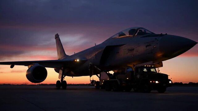 Military Fighter Jet on Tarmac at Sunset with Service Vehicle.