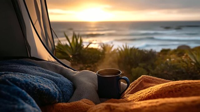 Cozy camping scene at sunset featuring tent, warm blanket and steaming mug by ocean, capturing tranquility and adventure, beachside camping, with copy space