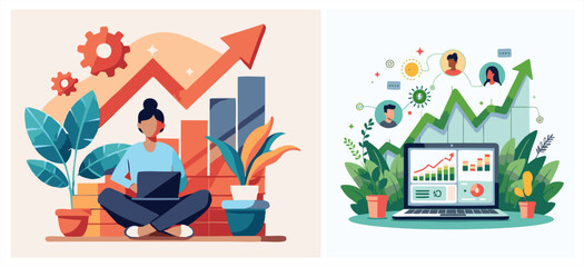 Obraz premium Business growth concept with woman working on laptop and data analytics on screen, flat vector illustration set.
