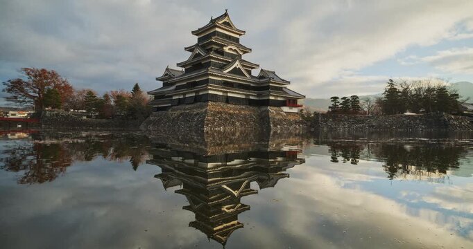 Beautiful 16th century Matsumoto castle reflecting in rippling pond with sunset glow