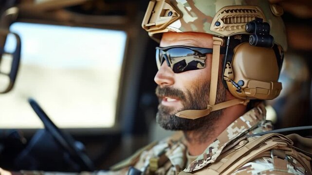 soldier wearing full armor driving military vehicle during mission in outdoor environment with focused professional expression