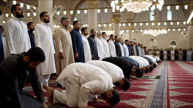 Muslim Men Praying in Mosque Together.