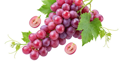 Fototapeta premium Fresh bunch of purple grapes with green leaves and sliced grapes on white background on white and transparent