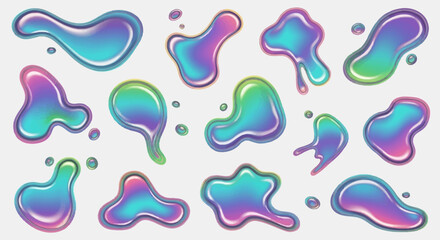 Iridescent Liquid Drops, Abstract Fluid Shapes, Holographic Blob Splashes, Gradient Colors