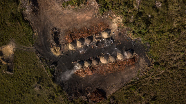 Aerial view of conical mounds of charcoal under preparation, amidst the dark earth and verdant overgrowth, Rorainopolis, Roraima, Brazil.