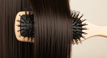 Professional Wooden Brush Gliding Through Glossy Straight Hair