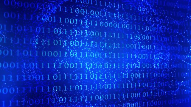 binary code and pixel sphere animation on blue illuminated 3d background, motion design concept for technology, global data stream and quantum universum