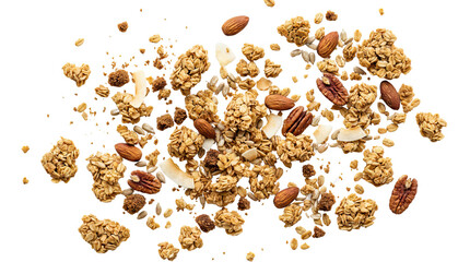Granola clusters with nuts and seeds scattered on a neutral background isolated on a neutral background with png background