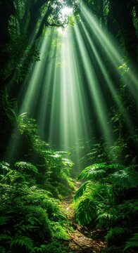 Intense sunlight filters through the dense forest canopy creating magical green rays and shadows across the lush undergrowth on a humid morning, sunlight, woodland, glow
