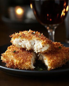 Close up of delicious golden fried crab cakes on a black plate