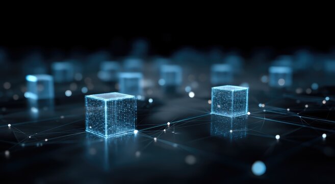 Abstract cloud computing data network with glowing digital cubes and connected nodes, idea for blockchain technology, AI infrastructure, cybersecurity systems, and decentralized data storage