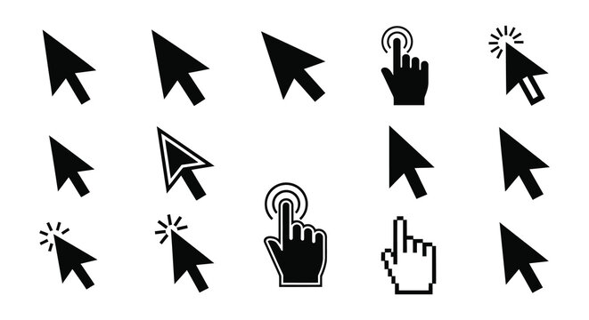 A collection of black cursor icons depicting various pointing styles and hand gestures a simple silhouette high quality professional detailed modern