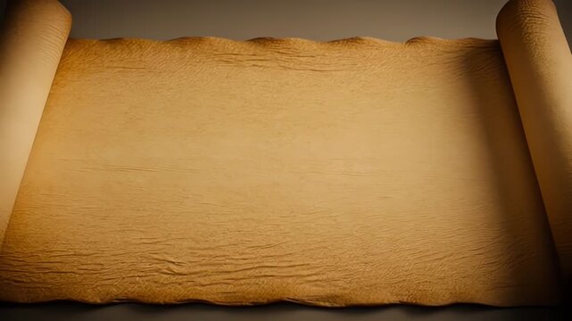 An old parchment scroll unrolled on open a dark surface, displaying a textured, aged paper with rolled edges and a subtle shadow effect