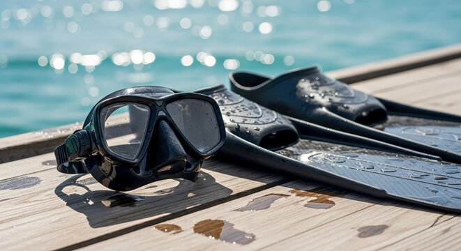 Mask and fins on wood pier, set for free diving adventures. Gear aids underwater exploration, enabling more free diving adventures. Ideal for sport, travel, promoting next free diving adventures.