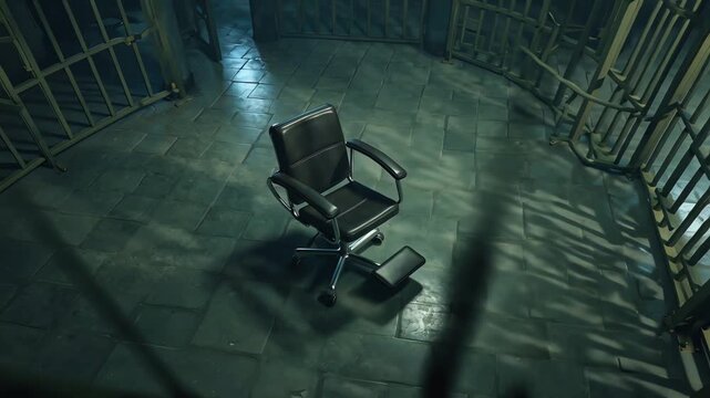 An electric chair sits alone in a dimly lit prison cell with barred doors and shadows cast on the floor.