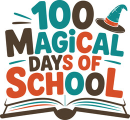 One hundred magical days of school design with wizard hat and book graphic illustration