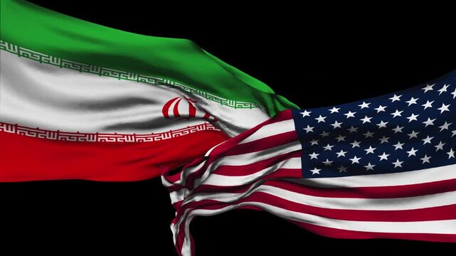 Flag of the Islamic Republic of Iran, and the flag of the United States. Peace Negotiations, diplomatic Solutions. Conflict Between Nations. Sanctions. Washington - Tehran