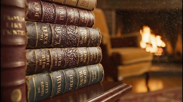 Antique Leather Books by Cozy Fireplace