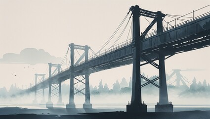 Fototapeta premium Misty watercolor suspension bridge over calm water, transportation infrastructure and connectivity concept, wide banner background with copy space