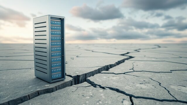 A server cabinet standing tall amidst a cracked landscape, symbolizing digital infrastructure