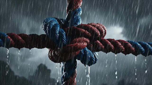 Close Up Wet Rope Knot Under Heavy Rain.