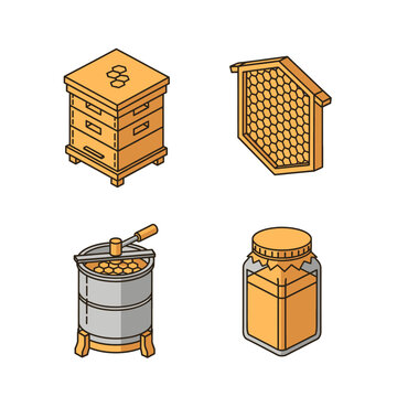 Professional Honey Harvesting and Apiary Equipment Icon Collection for Sustainable Agriculture and Beekeeping Management Illustrating Langstroth Hives Foundation Frames and Extraction Tools