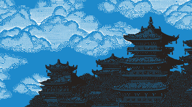 Dramatic Japanese-inspired background featuring dark temple silhouettes against a bright blue sky. Hand-drawn with intricate horizontal cloud etching and a vintage woodblock aesthetic.
