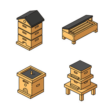 Professional Urban Apiary Structure and Hive Management Icon Collection for Sustainable City Farming and Beekeeping Operations Illustrating Langstroth Systems Top Bar Hives and Colony Nucleus Boxes