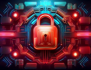 digital lock symbol in neon red glowing effect surrounded by abstract 3d geometric shapes and patterns