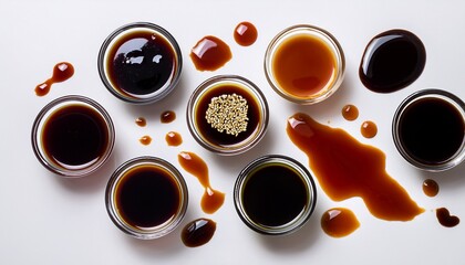 isolated drops of teriyaki oyster sauce balsamic vinegar and spilled soy sauce on white surface from above