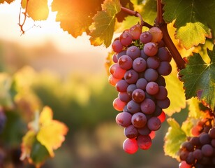 ripe red grape clusters hang from sunlit vines in a lush vineyard showcasing fresh fruit texture and natural leaves with warm backlight and seasonal harvest atmosphere
