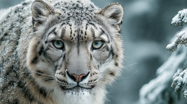 Close up snow leopard in winter forest, piercing gaze, frosted fur, cold atmosphere of untamed wilderness.
