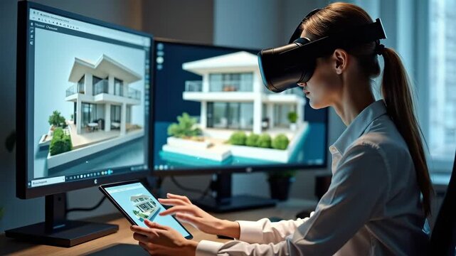 Woman architect designing a modern house in virtual reality. Using VR headset, tablet, and computer screens for 3D residential project.