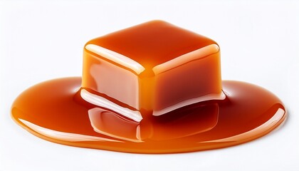 caramel sauce flowing on caramel cube isolated on white background