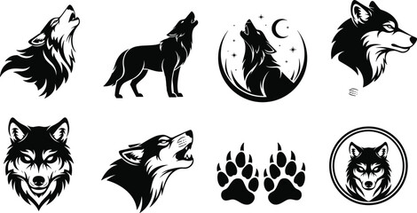 Set of Black Wolf Silhouette Logos and Tribal Howling Wolf Head Icons with Moon and Paw Prints Vector Illustration Collection for Mascot Tattoo Design © MdHarunur