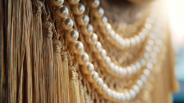 finery. Golden tassels and pearl necklaces forming an intricate decorative pattern with soft lighting. lifestyle magazines.