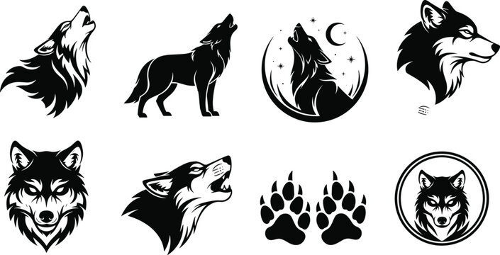 Set of Black Wolf Silhouette Logos and Tribal Howling Wolf Head Icons with Moon and Paw Prints Vector Illustration Collection for Mascot Tattoo Design