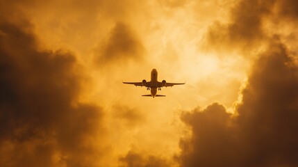 Obraz premium aerospace. Aircraft soaring through golden sunset clouds, capturing the beauty and freedom of aviation against a vast sky. inspiring travel planning.
