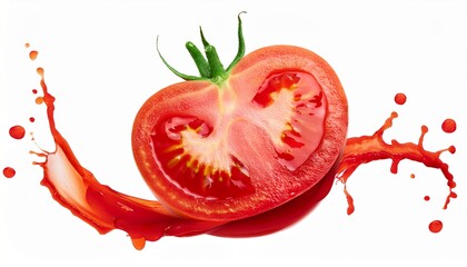 flying slice of beautiful red tomato and splash of tomato juice on it isolated on white background