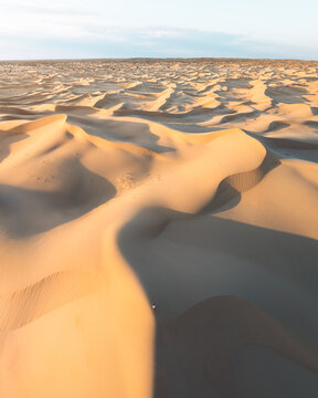 Aerial view of golden sand dunes ripple across the arid landscape under a soft, diffuse light, creating stark shadow contrasts, Senek, Mangystau Region, Kazakhstan.