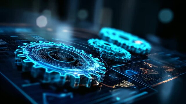 Close-up view of futuristic blue gears and digital schematics on screens, advanced technology and engineering concepts showcase, with copy space
