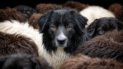 Fototapeta premium Stunning border collie dog looking calm surrounded by flock of fluffy sheep with soft wool in farm showing loyalty and obedience