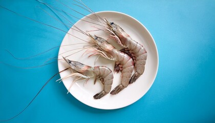raw shrimp arranged on a white plate against a pastel blue background showcasing fresh seafood texture and shells ideal for culinary market or food preparation imagery